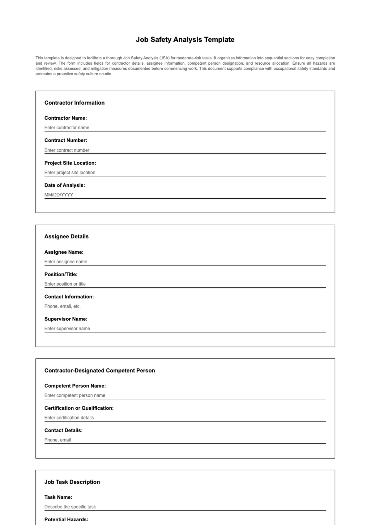 Moderate risk job safety analysis form with contractor and Argonne sections_variant_2